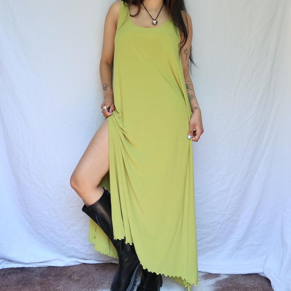 Chartreuse Lettuce Trim Double Slit Maxi Dress